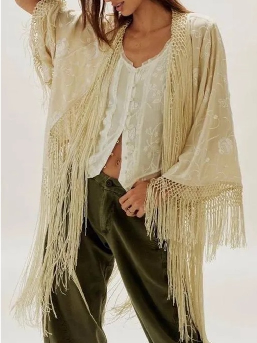 NWOT Free People London Nights Piano Duster Embroidered Fringe Knit Kimono